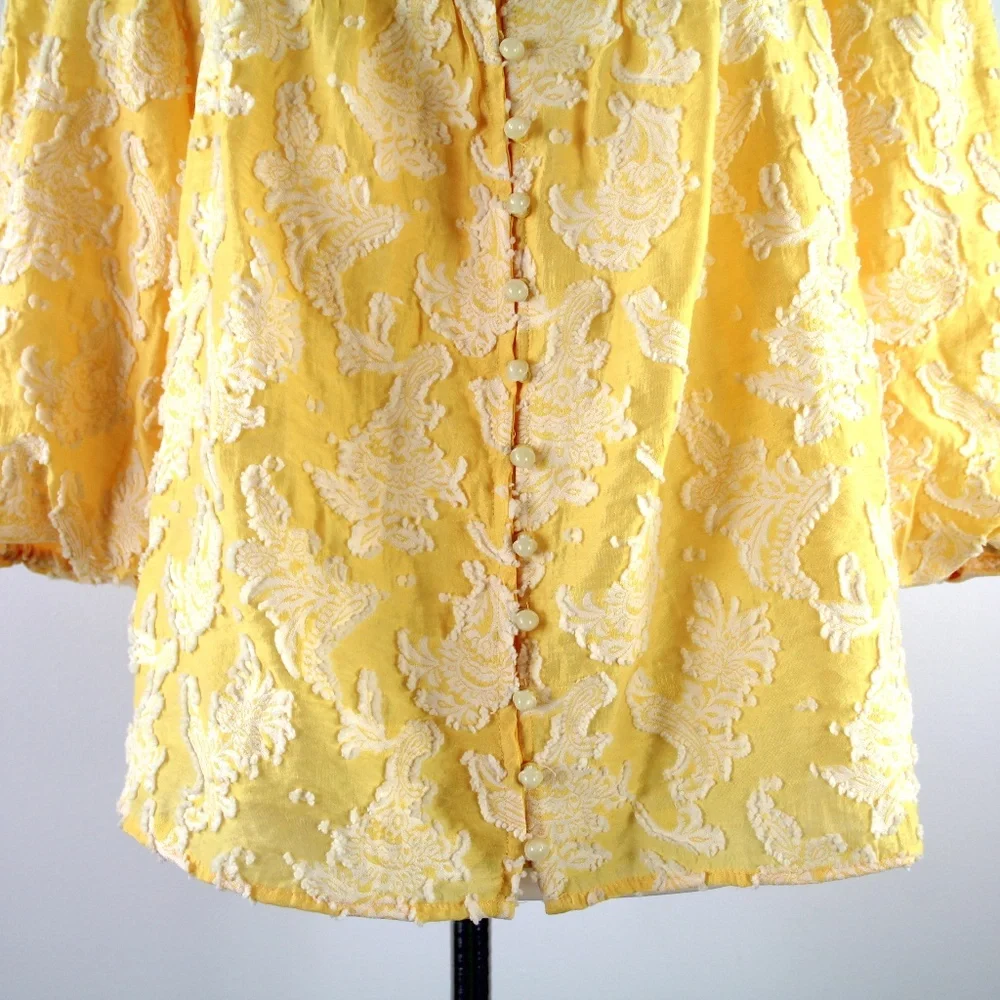 Anthropologie Yvonne Yellow Square Neck Dimensional Textured Button Front Top S